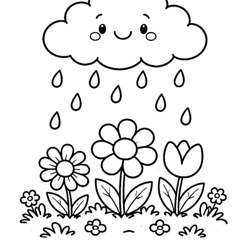Cloudy Rain Day, printable black and white coloring page