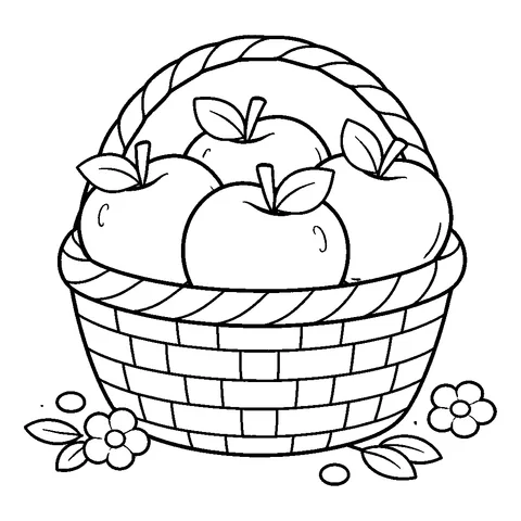 Counting Apples Basket, printable black and white coloring page