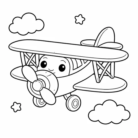 Cute Biplane, printable black and white coloring page