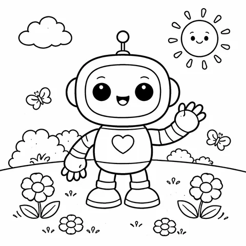 Cute Bot, printable black and white coloring page
