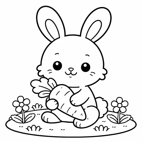 Cute Bunny with Carrot, printable black and white coloring page