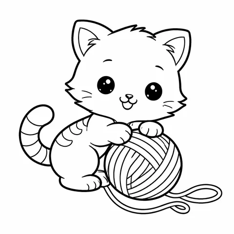Cute Kitten with Yarn, printable black and white coloring page