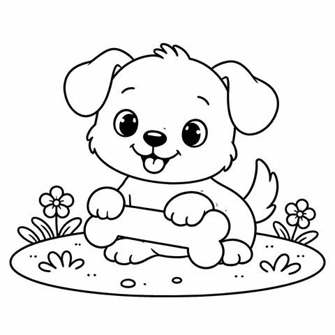 Cute Puppy with Bone, printable black and white coloring page