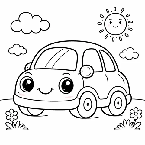 Cute Red Car, printable black and white coloring page