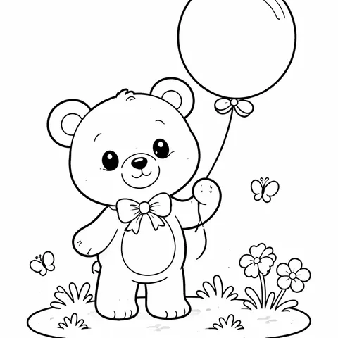 Cute Teddy Bear with Balloon, printable black and white coloring page