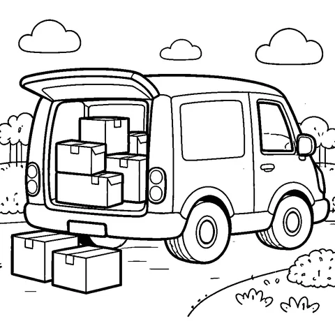 Delivery Van with Boxes, printable black and white coloring page
