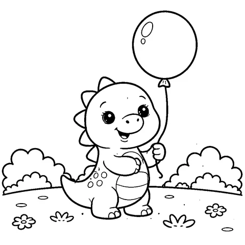 Dino with Balloon, printable black and white coloring page