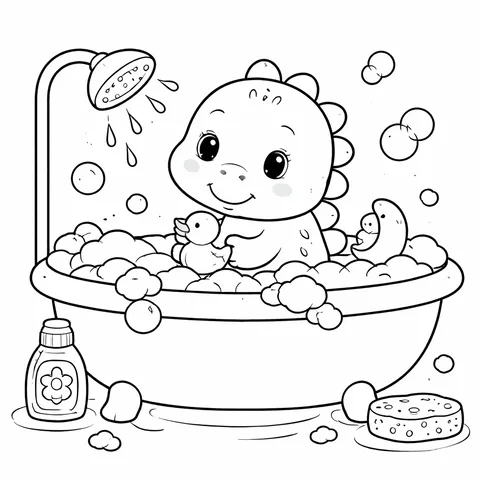 Dinosaur Bubble Bath, printable black and white coloring page