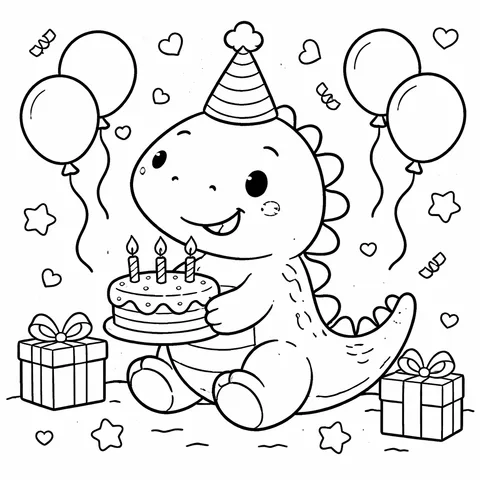 Birthday Dinosaur, printable black and white coloring page
