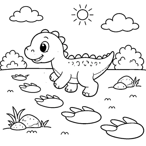 Dino Footprints, printable black and white coloring page