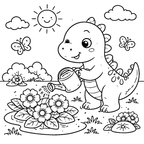 Dino Garden, printable black and white coloring page