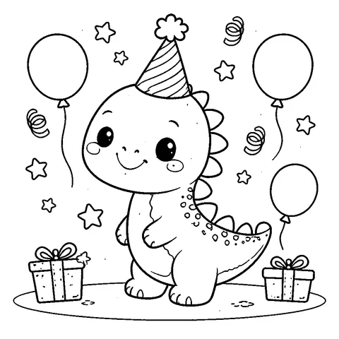 Dino with Party Hat, printable black and white coloring page