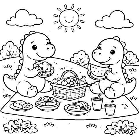 Dino Picnic, printable black and white coloring page