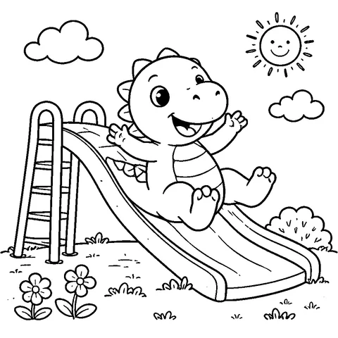 Dino on Slide, printable black and white coloring page