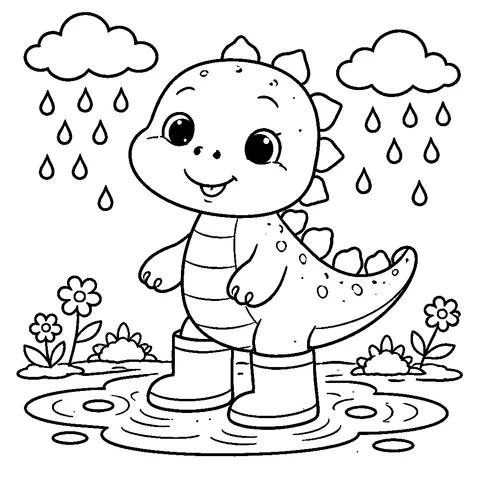 Dino in Rain Boots, printable black and white coloring page