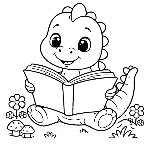 Dino Reading Book, printable black and white coloring page