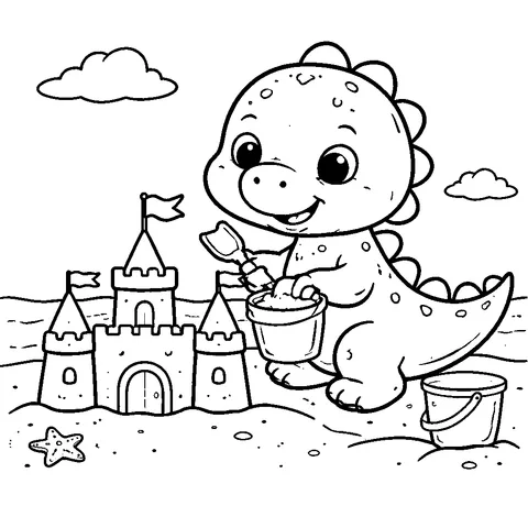 Dino Sandcastle, printable black and white coloring page