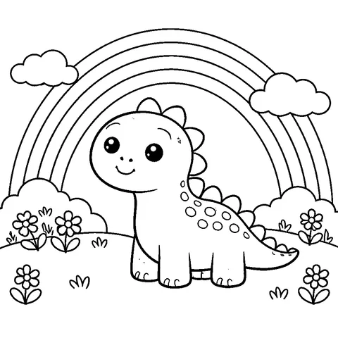 Dino under Rainbow, printable black and white coloring page