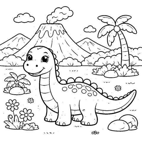 Dino near Volcano, printable black and white coloring page