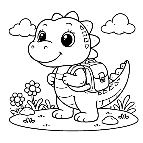 Dino with Backpack, printable black and white coloring page