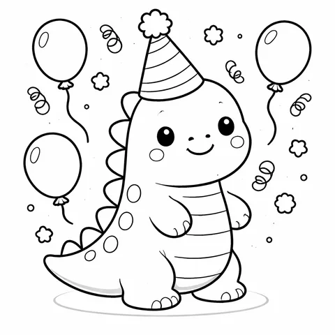 Dinosaur with Party Hat, printable black and white coloring page