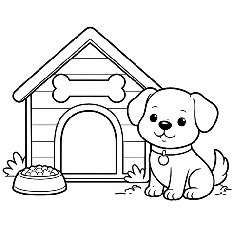Dog At The Doghouse, printable black and white coloring page