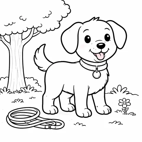 Dog Walking Leash, printable black and white coloring page