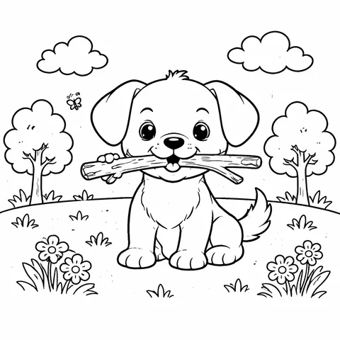 Dog with a Stick, printable black and white coloring page