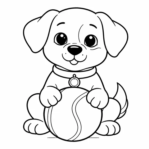 Dog With Tennis Ball, printable black and white coloring page