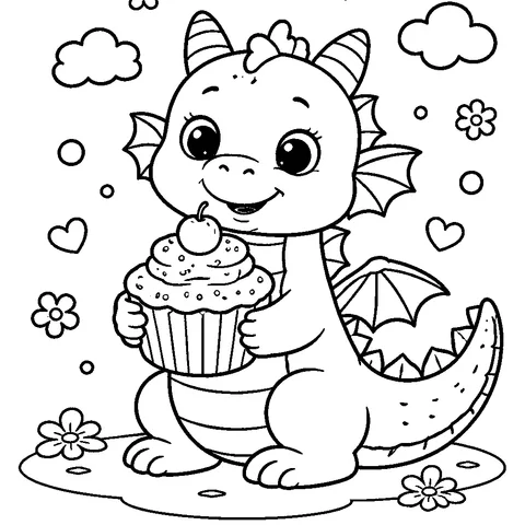 Dragon with Cupcake, printable black and white coloring page