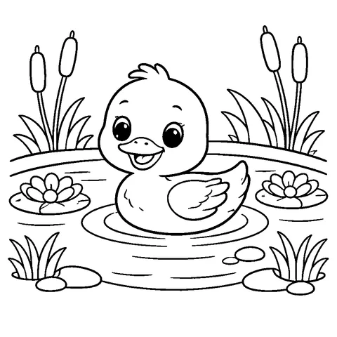 Duckling in Pond, printable black and white coloring page