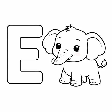 E is for Elephant, printable black and white coloring page