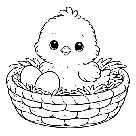 Easter Chick In Basket, printable black and white coloring page