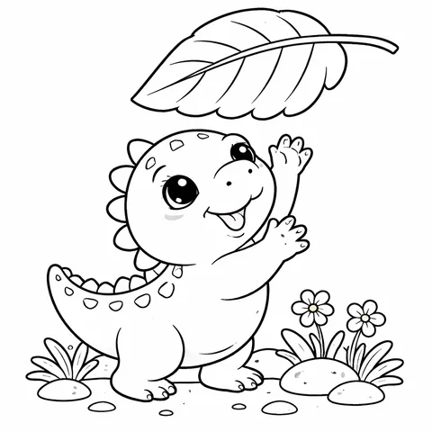 Easy Dino Eating Leaf, printable black and white coloring page