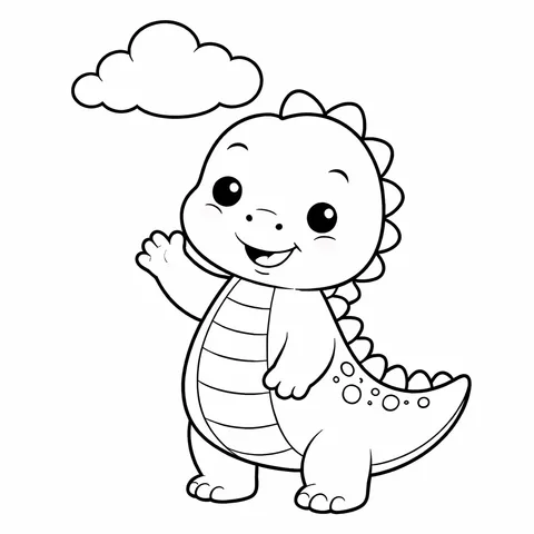 Easy Dino Waving, printable black and white coloring page