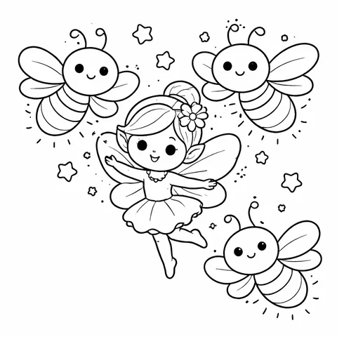 Fairy Dancing With Fireflies, printable black and white coloring page
