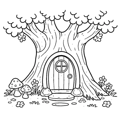 Fairy Door in Tree, printable black and white coloring page