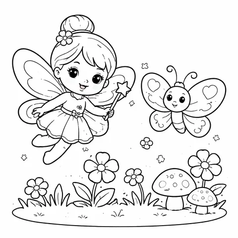 Fairy and Butterfly Friend, printable black and white coloring page
