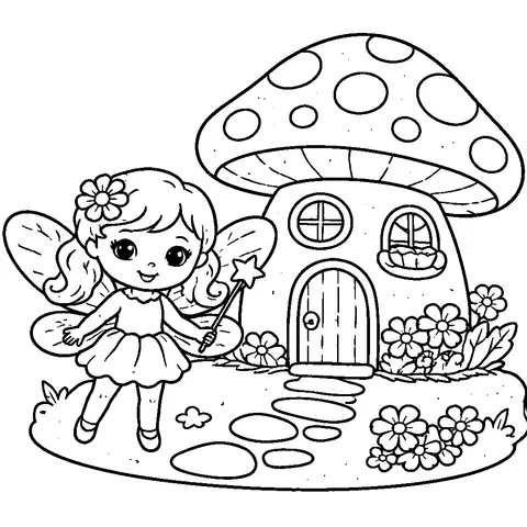 Fairy Mushroom Home, printable black and white coloring page