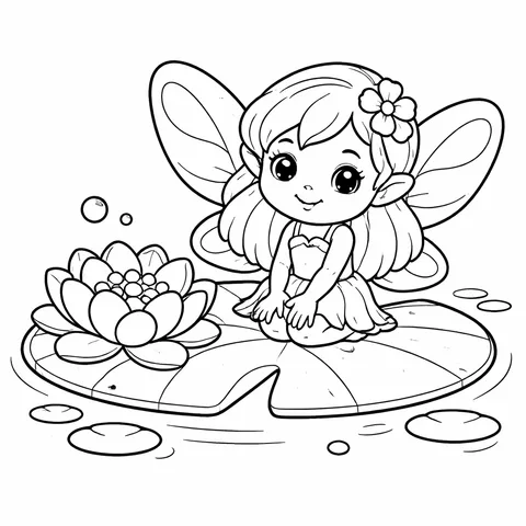 Fairy On Lily Pad, printable black and white coloring page