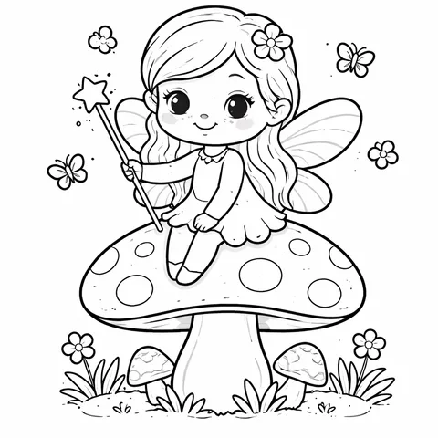 Fairy on a Mushroom, printable black and white coloring page