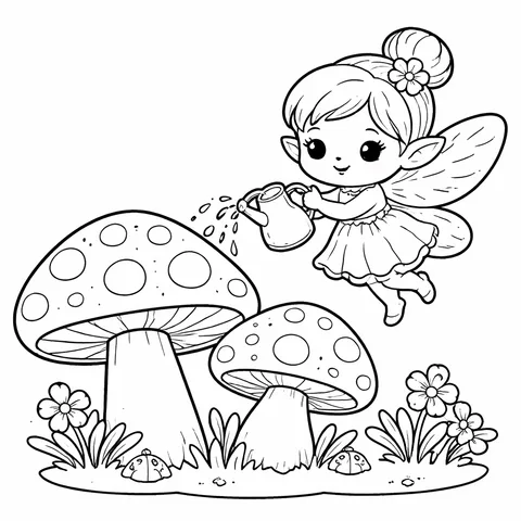 Fairy Watering Mushrooms, printable black and white coloring page