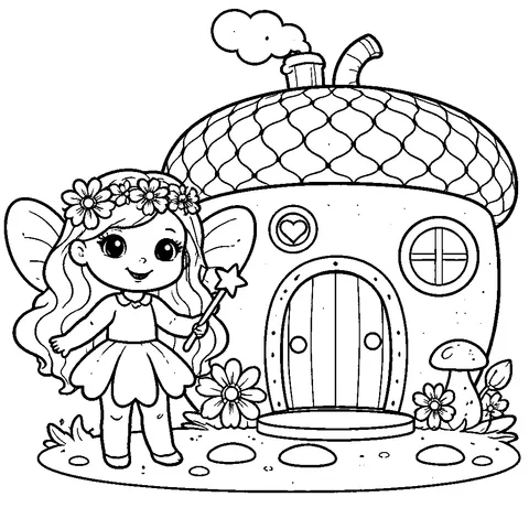 Fairy With Acorn House, printable black and white coloring page