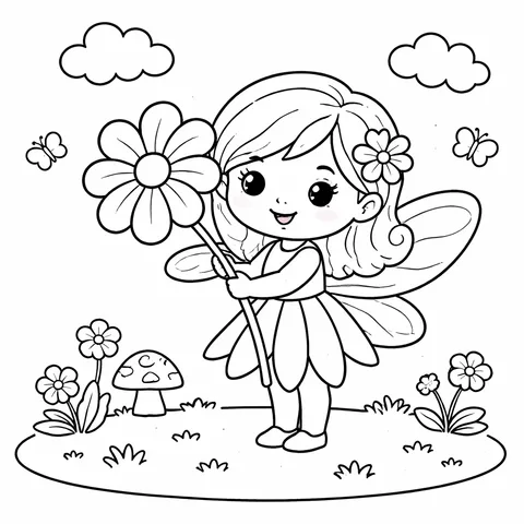 Fairy With Flower, printable black and white coloring page