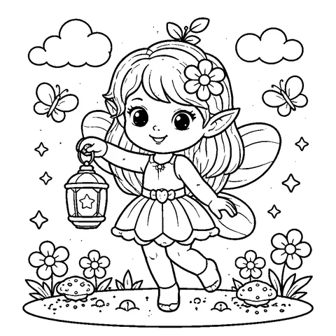 Fairy with Lantern, printable black and white coloring page