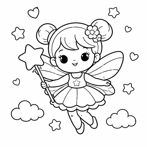 Fairy with a Star, printable black and white coloring page