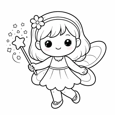 Fairy with a Wand, printable black and white coloring page