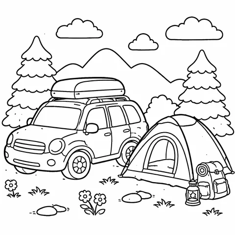 Family Car Camping, printable black and white coloring page