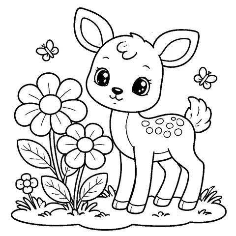 Fawn Near Flowers, printable black and white coloring page