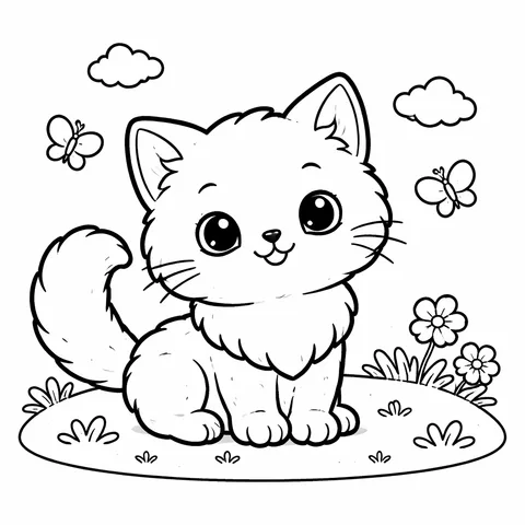 Fluffy Cat, printable black and white coloring page